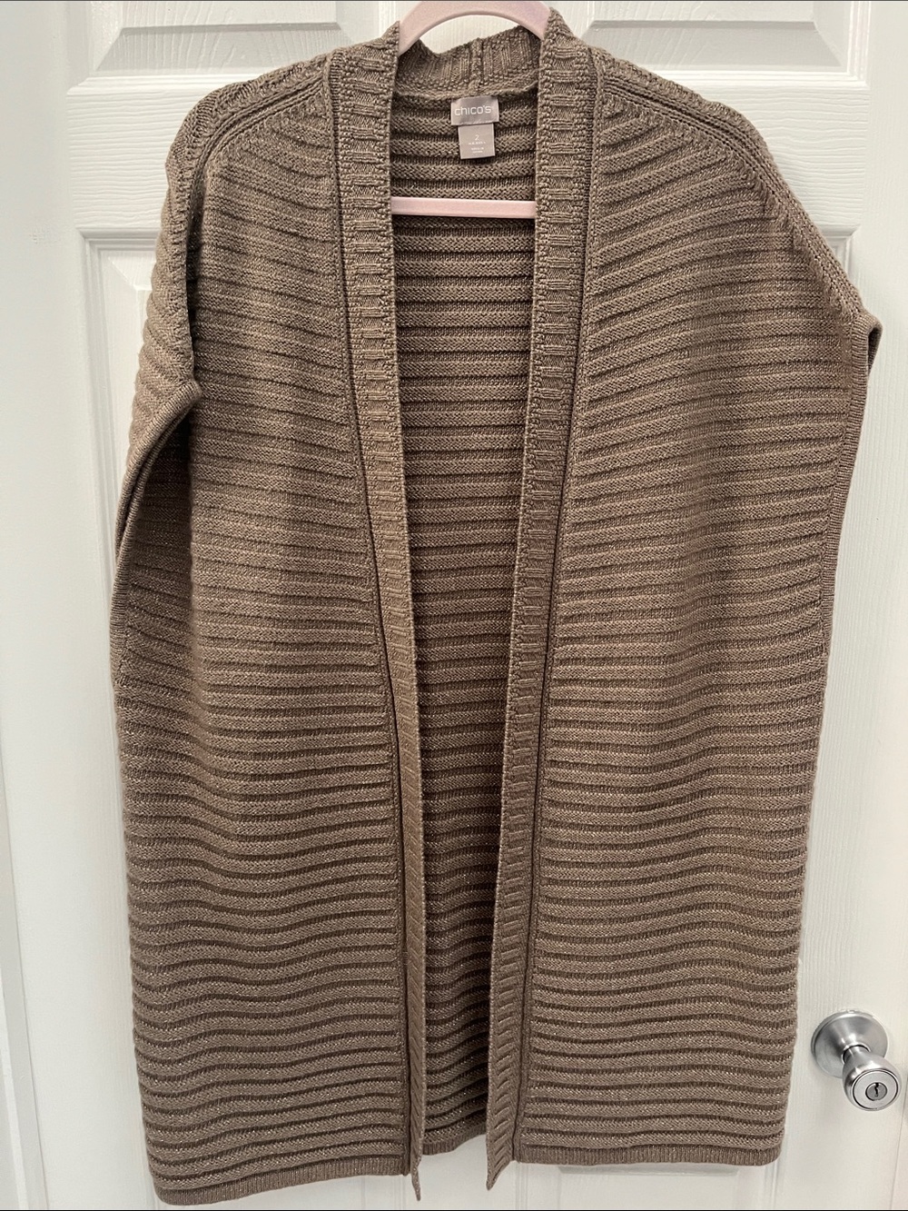 Chico's Taupe Ribbed Open-Front Cardigan Vest